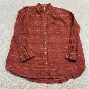 Free People Shirt Womens Small Red Plaid Metallic Button Up Boho Top Long Sleeve